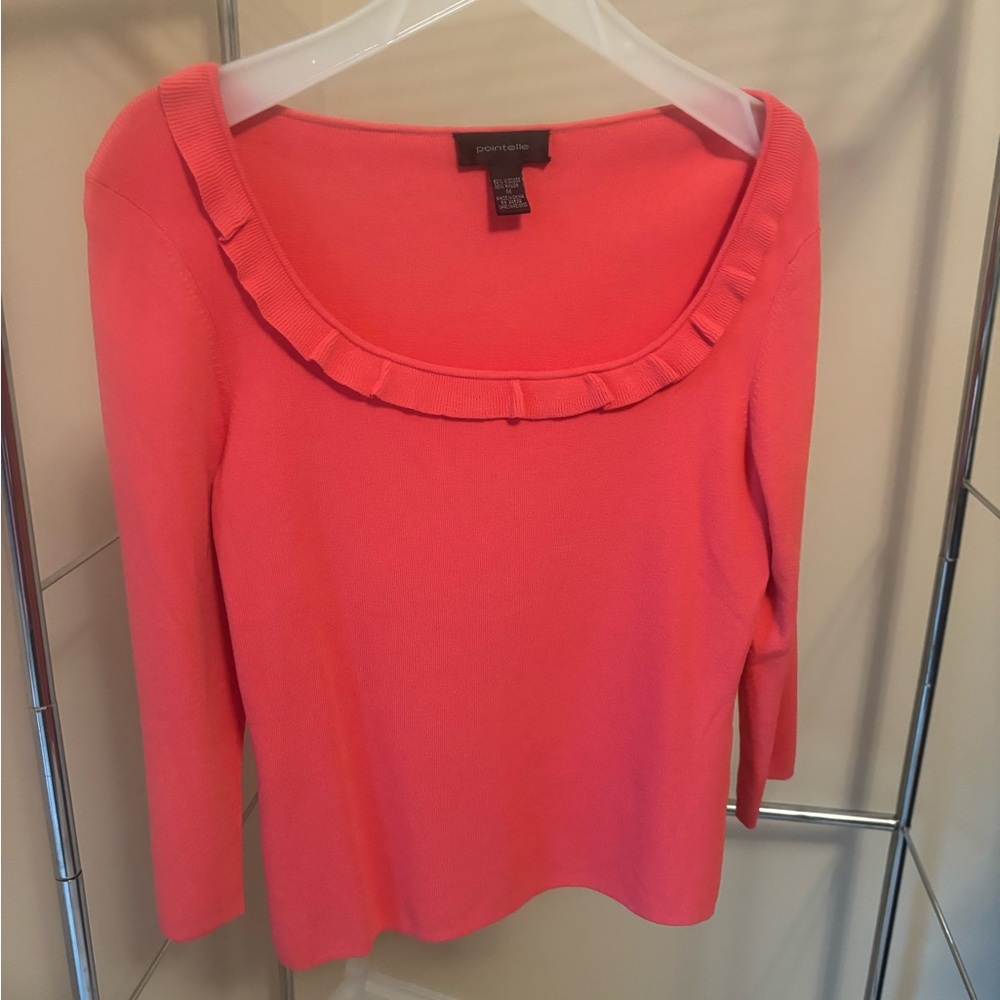 Pointelle  Coral Ruffle Neck Blouse